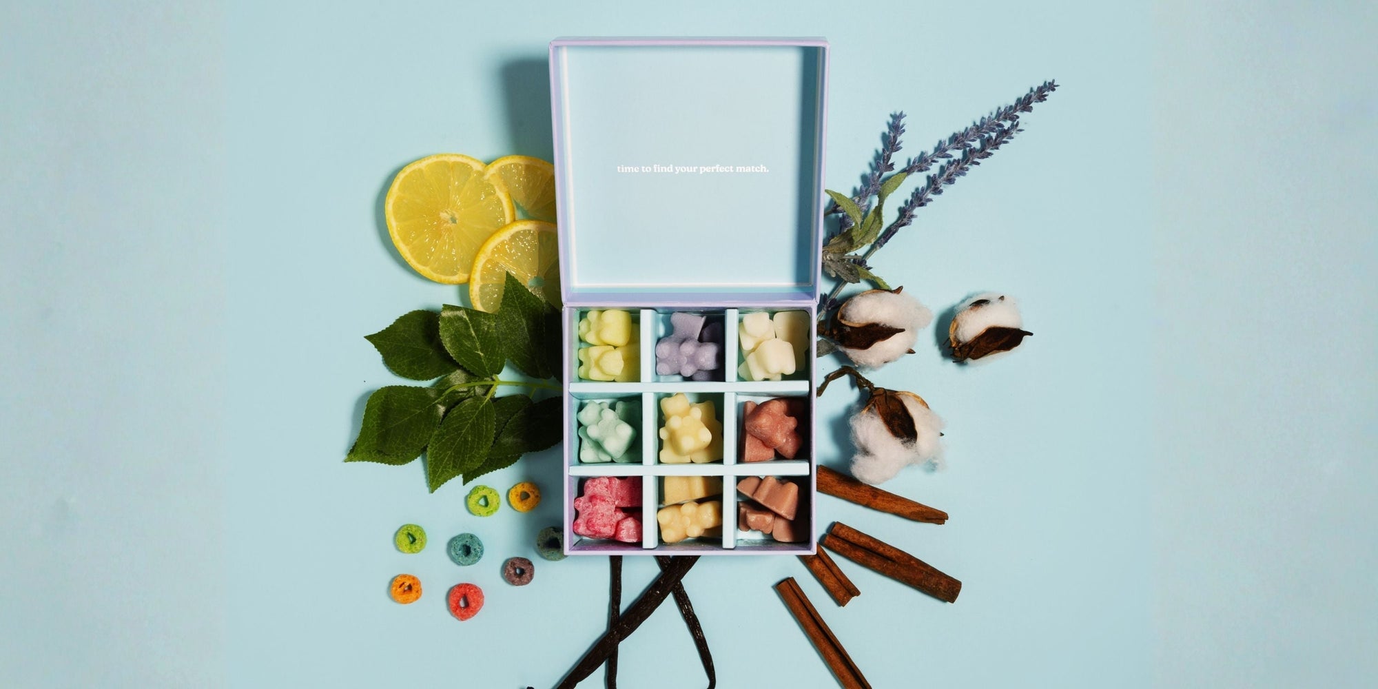 Happy Wax year round Discovery kit with ingredients on blue background