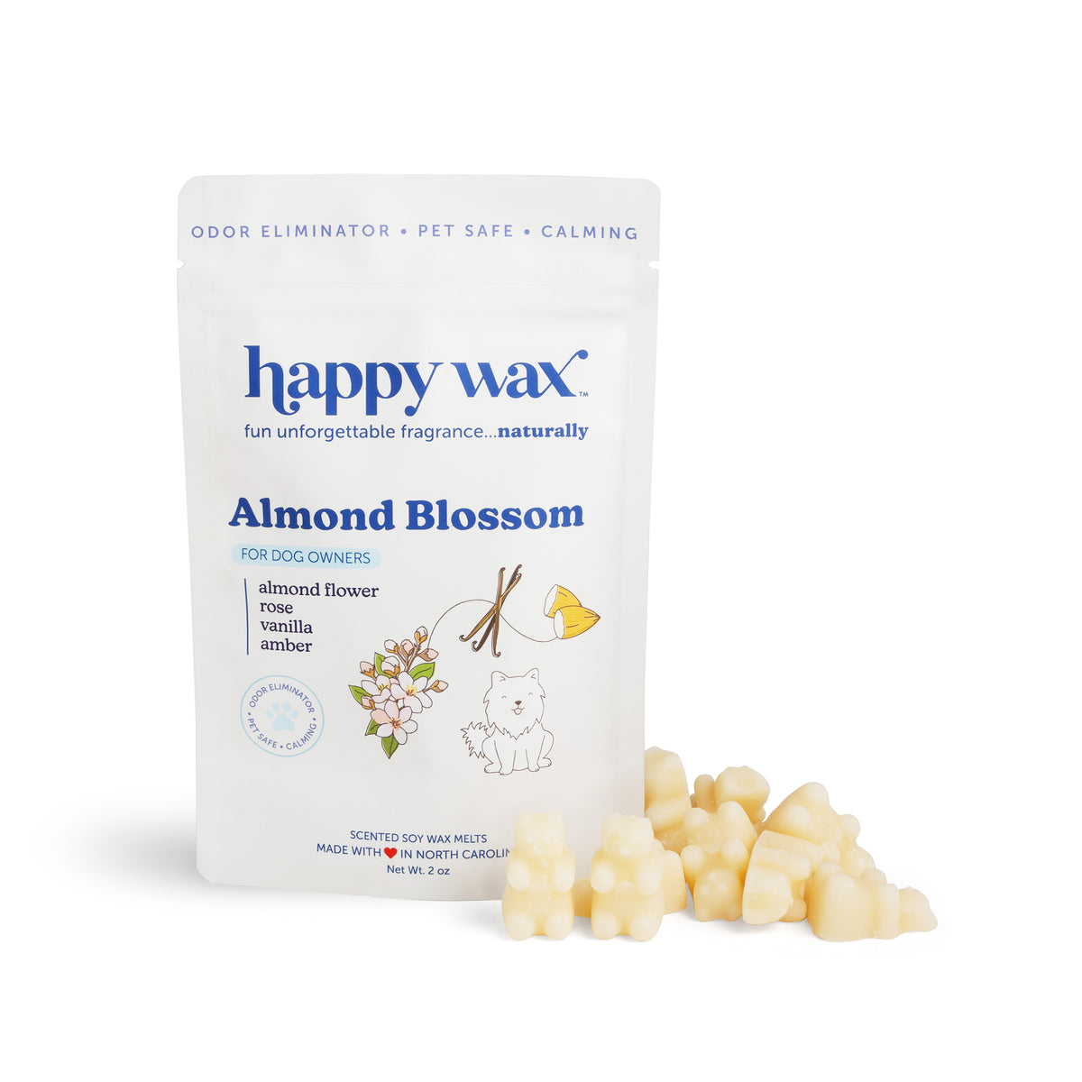 Happy Wax Almond Blossom soy wax melts in cream-colored chunks with product packaging showing almond flower, vanilla, and ros
