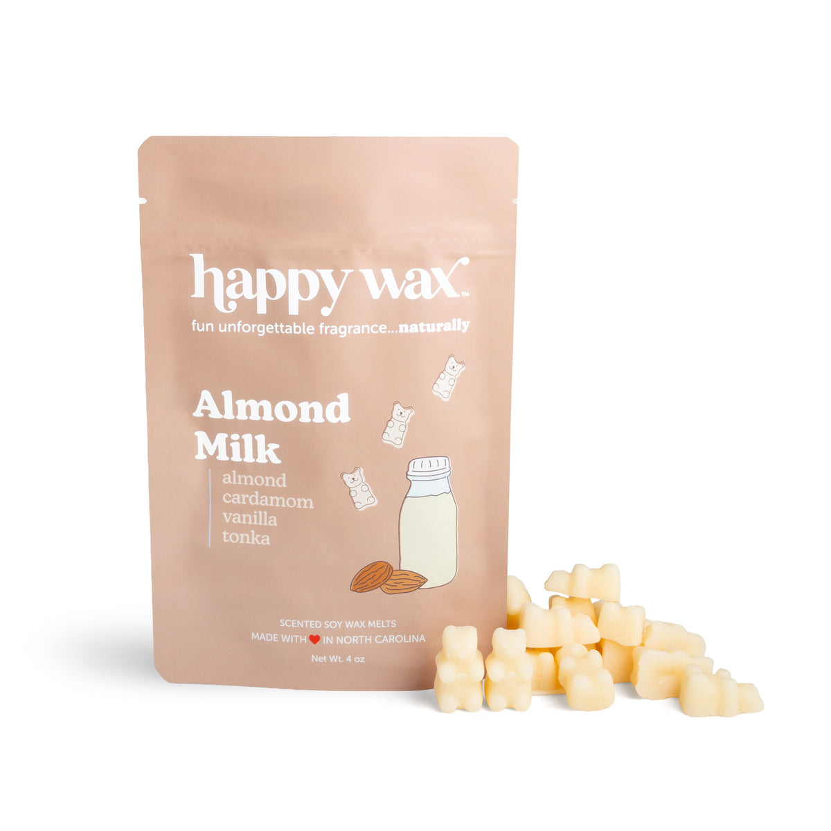 Cream-colored soy wax melts next to beige "happy wax" pouch labeled "Almond Milk" with almond and milk bottle graphics.