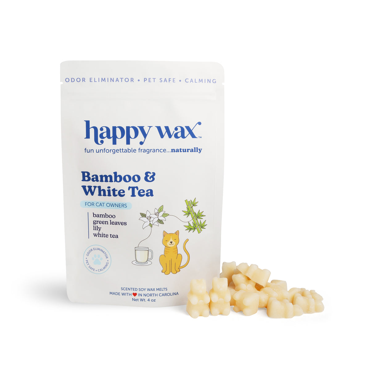 White pouch of Happy Wax bamboo and white tea pet wax melts with cream-colored wax melts displayed beside it.