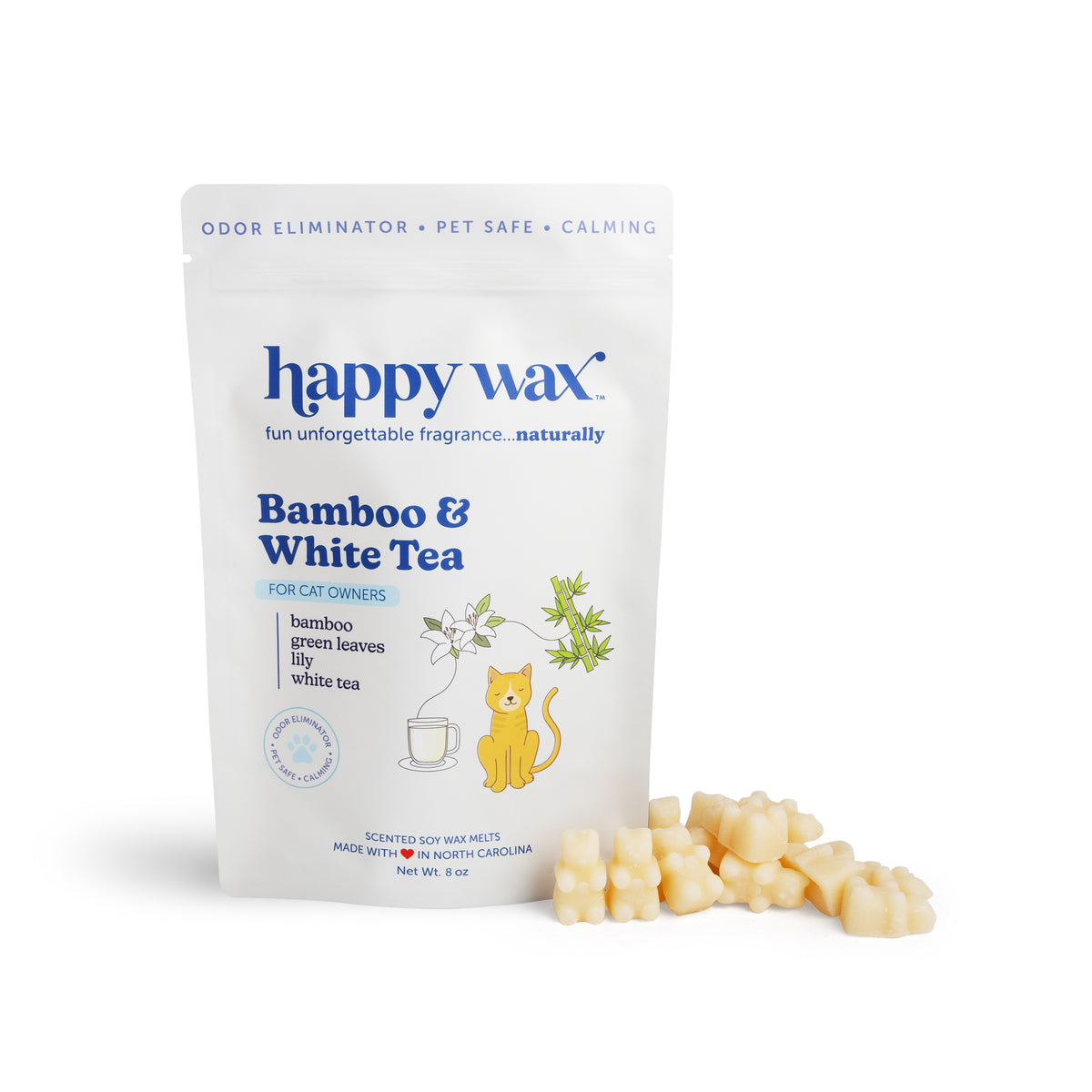 White pouch of happy wax brand bamboo and white tea scented wax melts with cream-colored wax pieces displayed in front.