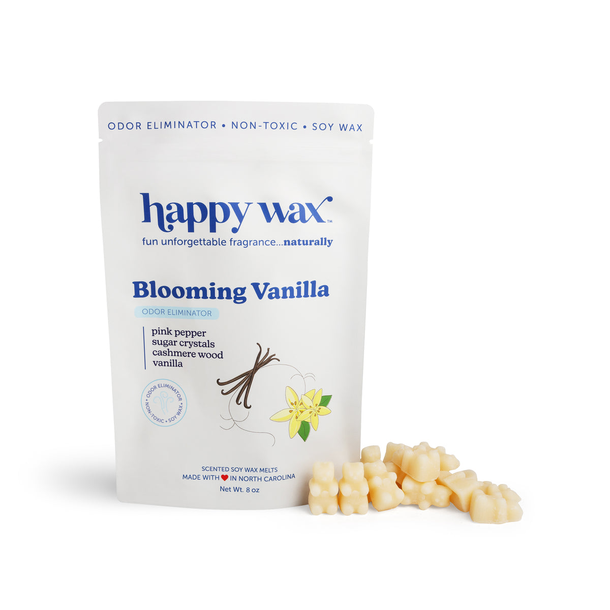 White pouch of Happy Wax Blooming Vanilla wax melts with cream-colored wax chunks displayed in front.