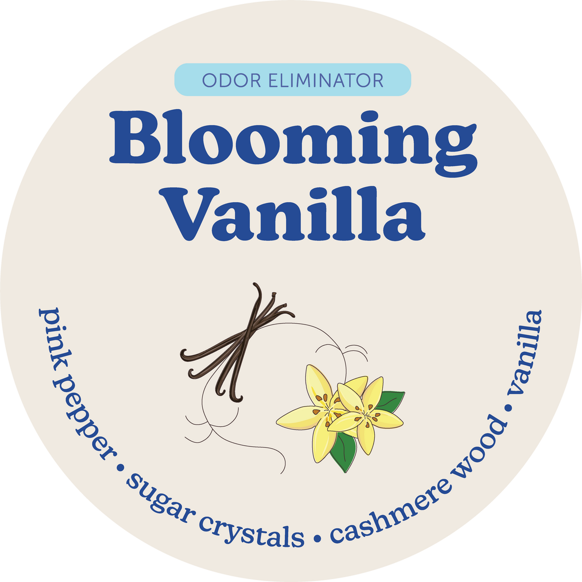 Circular cream-colored label for Blooming Vanilla odor eliminator wax melts with blue text, vanilla pod and yellow flowers.