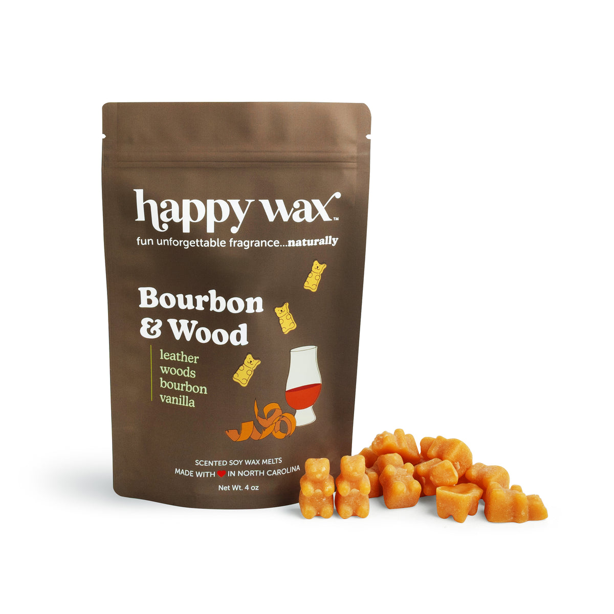 Brown pouch of Happy Wax Bourbon & Wood soy wax melts with golden wax cubes displayed in front.