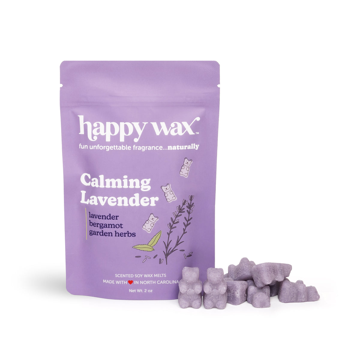 Purple wax melt package labeled "Calming Lavender" with loose lavender-colored wax melts displayed in front.