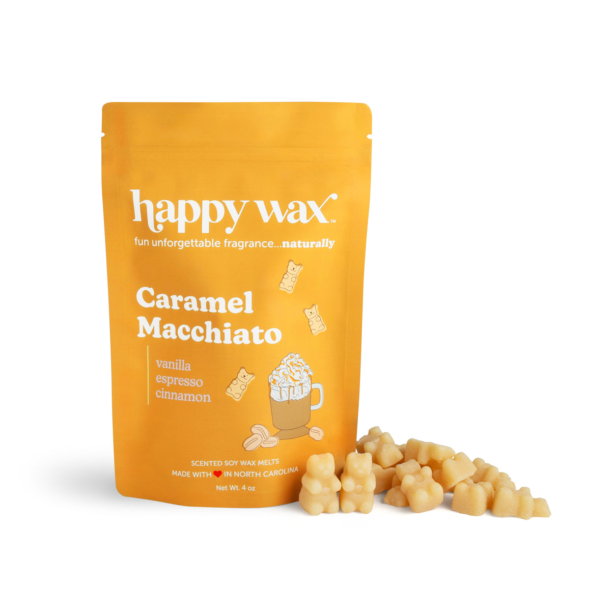 Orange Happy Wax pouch of Caramel Macchiato scented soy wax melts with tan-colored wax pieces displayed beside it.