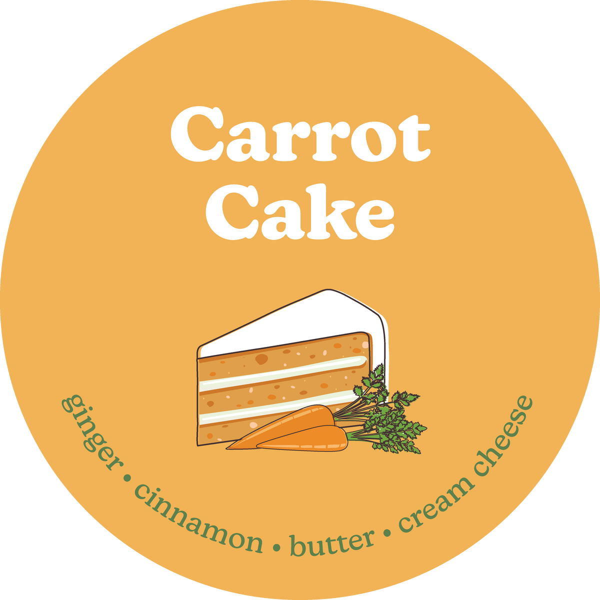 Round golden label with "Carrot Cake" text, layered cake slice illustration, and carrots with green tops.
