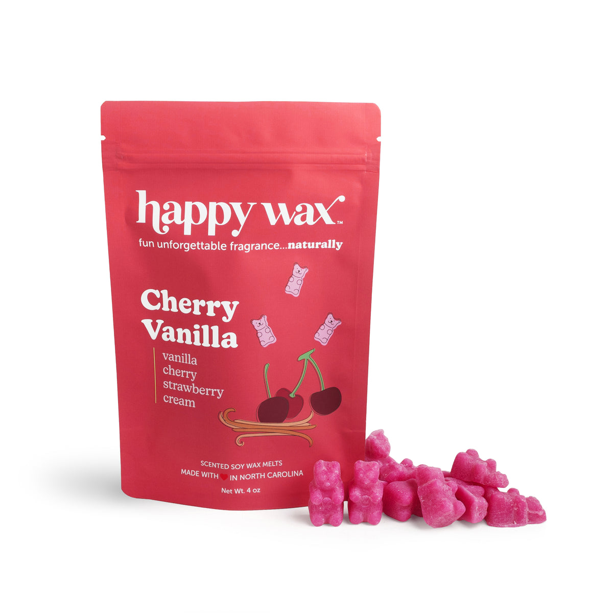 Red pouch of Happy Wax brand cherry vanilla scented soy wax melts with pink wax cubes displayed beside it.