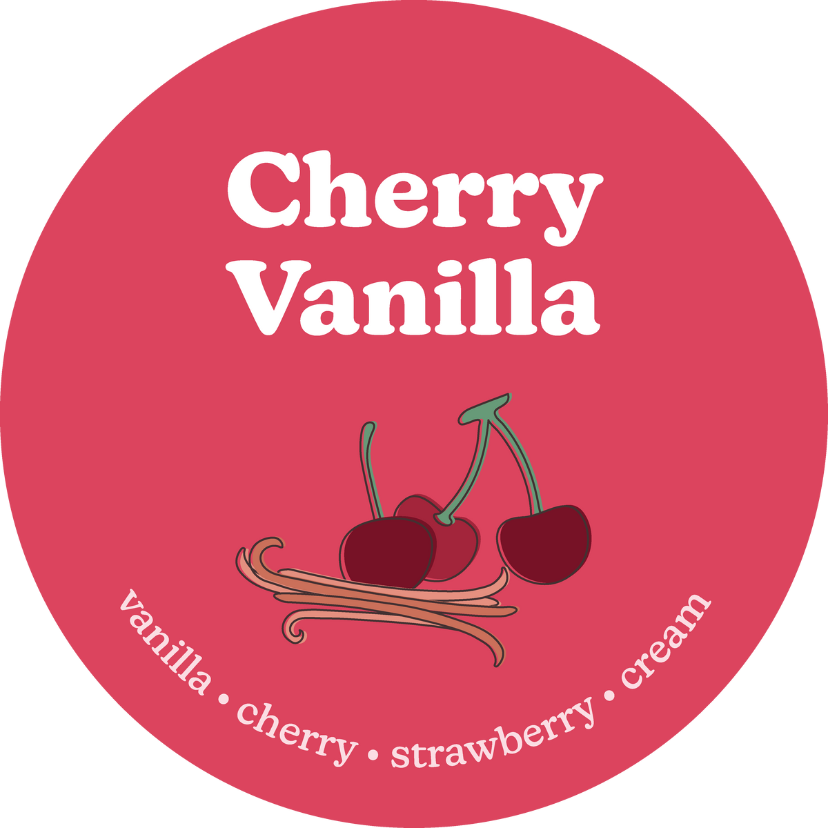Red circular label with "Cherry Vanilla" text and illustration of cherries and vanilla bean on pink background.