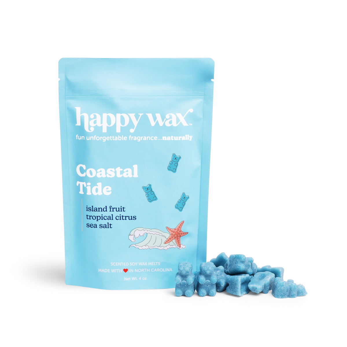 Happy Wax Coastal Tide wax melts packaging on a white background