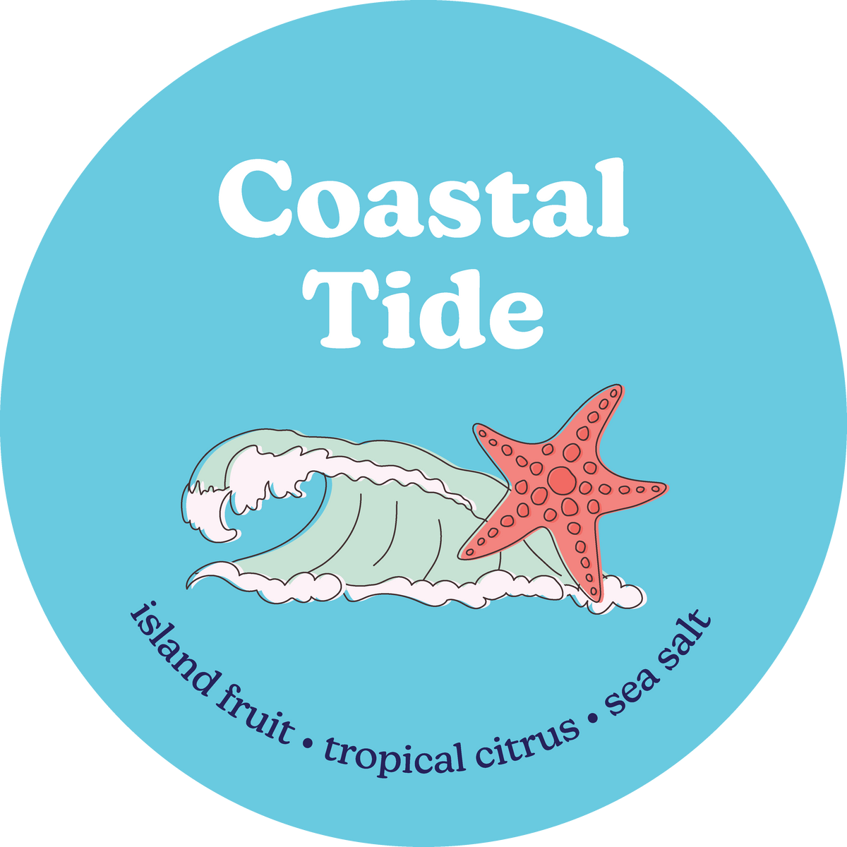 Coastal Tide label with wave and starfish on a blue background
