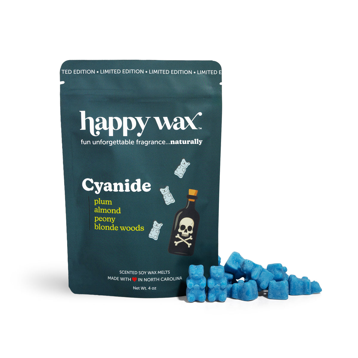 Dark teal pouch of Happy Wax Cyanide scented soy wax melts with blue wax pieces displayed beside it.
