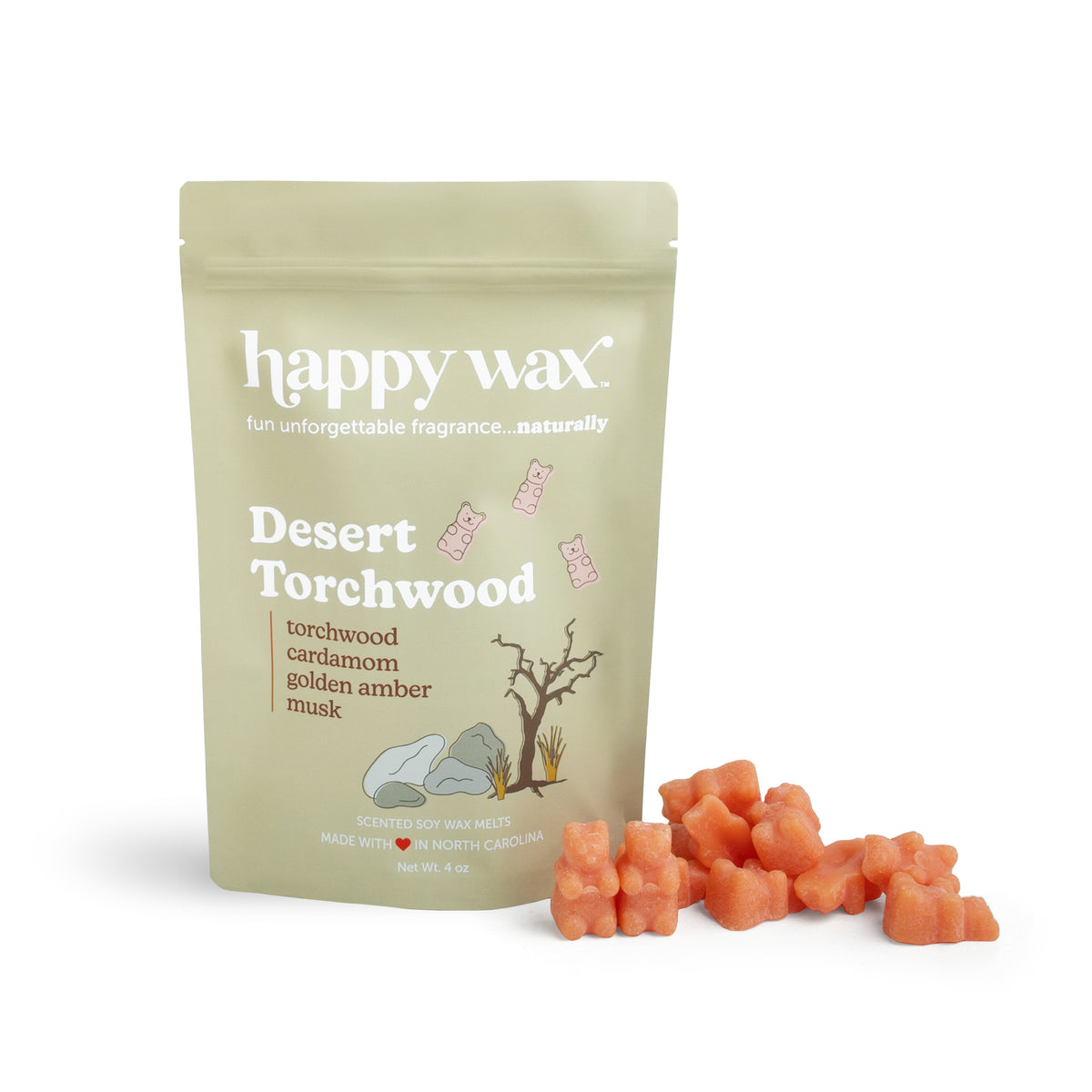 Pale green pouch of happy wax Desert Torchwood soy wax melts with coral-colored wax melts displayed in front.
