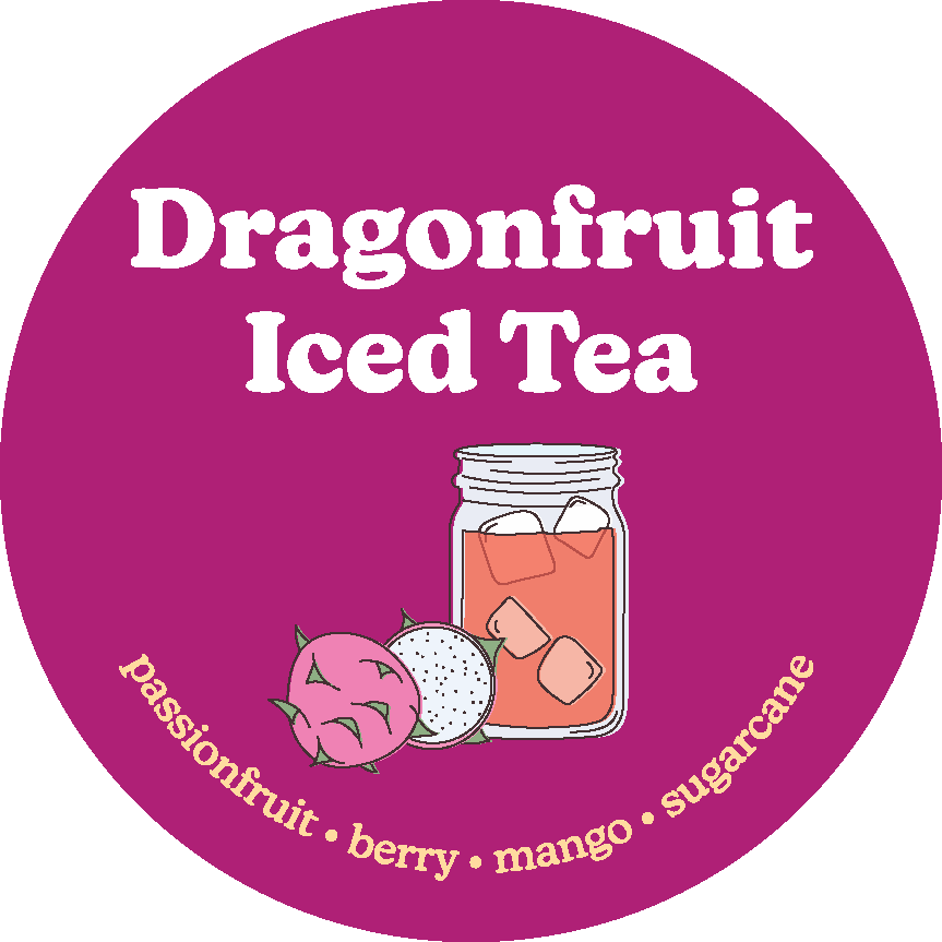 Magenta circular label with "Dragonfruit Iced Tea" text, illustrations of dragonfruit and white fruit, and a glass jar with p