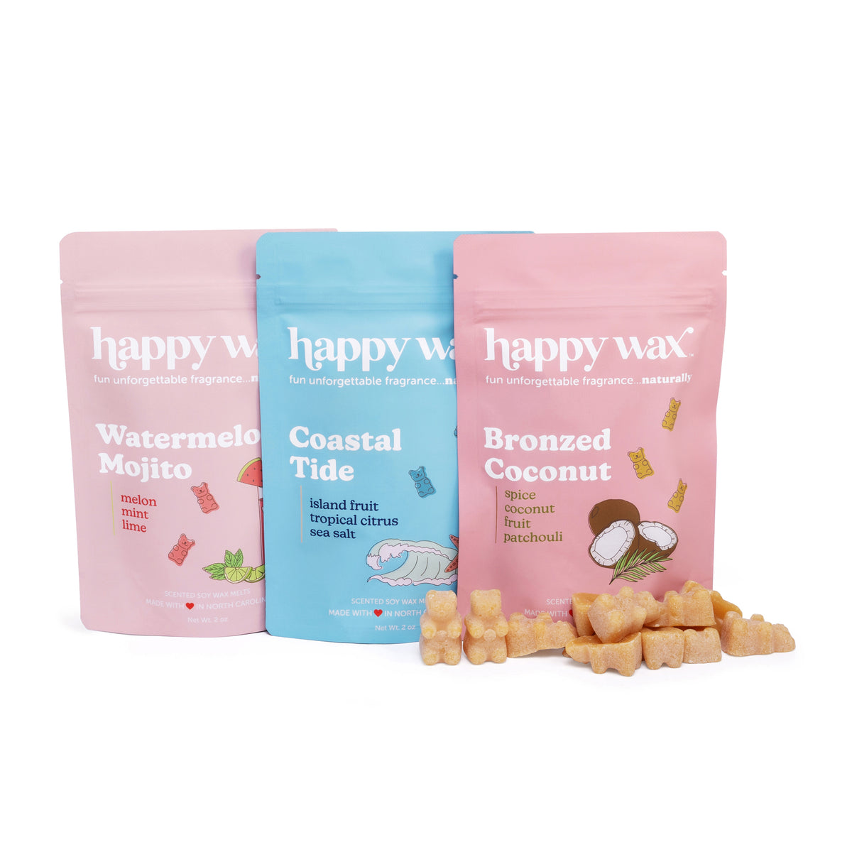 Three Happy Wax scented wax melts packages on a white background