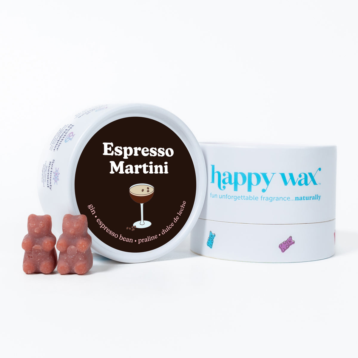 Two terracotta-colored bear-shaped wax melts next to a white container labeled "Espresso Martini" and a "happy wax" branded b