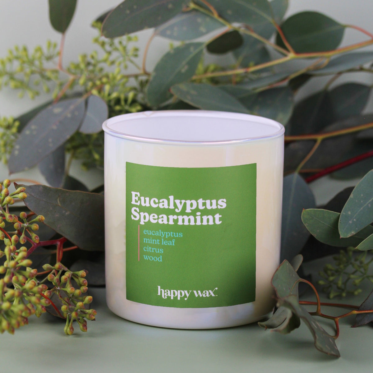 White cylindrical candle with green label surrounded by eucalyptus and spearmint leaves.