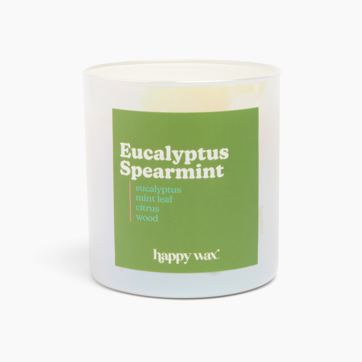 Clear glass cylinder candle with green label featuring "Eucalyptus Spearmint" text and a single wick visible at the top.