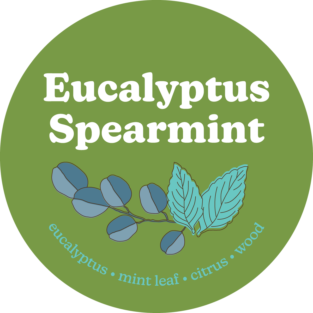 Green circular label with white text reading "Eucalyptus Spearmint" and illustrated eucalyptus branch with blue-gray leaves a