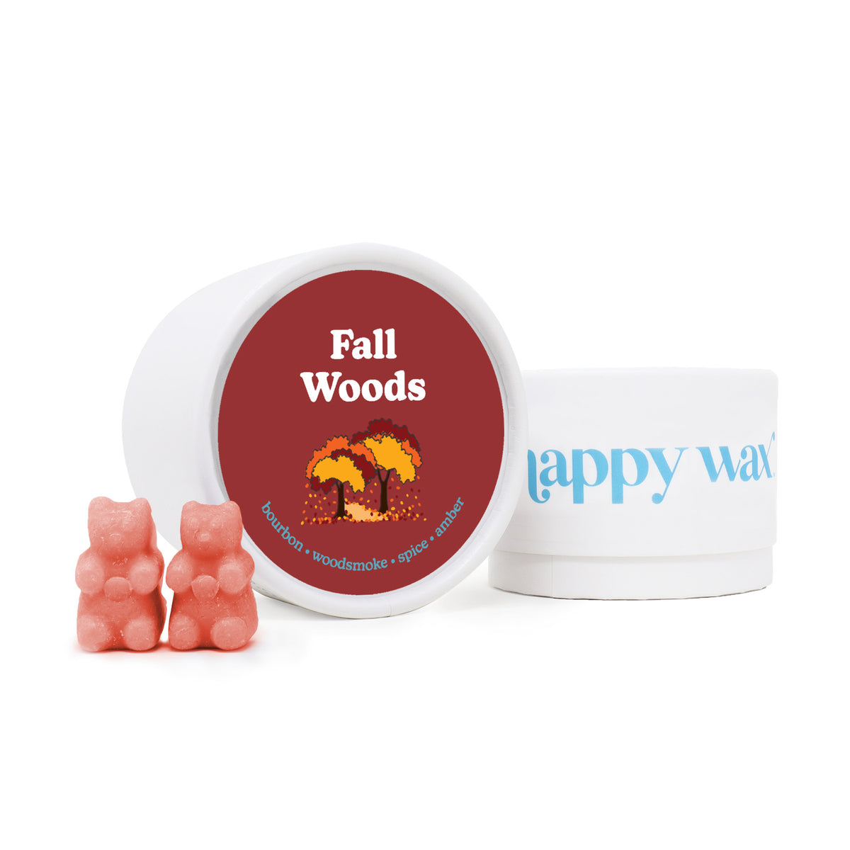 Pink wax melts displayed next to a white container with burgundy label and a white box with blue text.