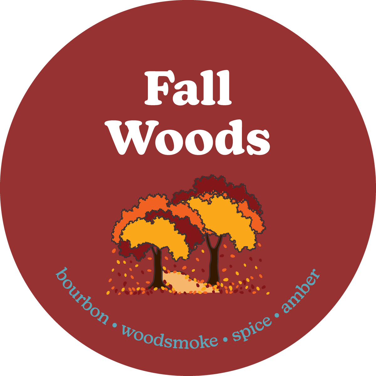 Deep red circular label with "Fall Woods" text and stylized autumn trees with yellow and orange foliage, scent notes listed b