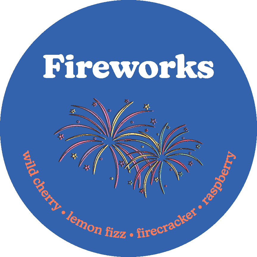 Blue circular wax melt label with "Fireworks" text and illustration of red and gold fireworks bursting.