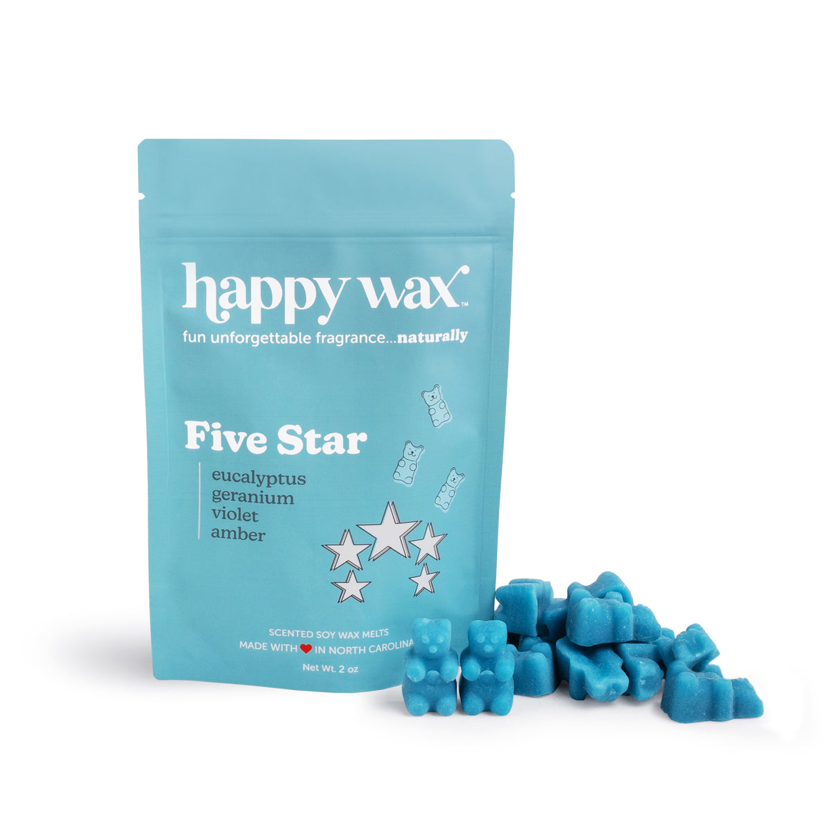 Blue wax melts in star shapes next to light blue packaging labeled "happy wax Five Star."