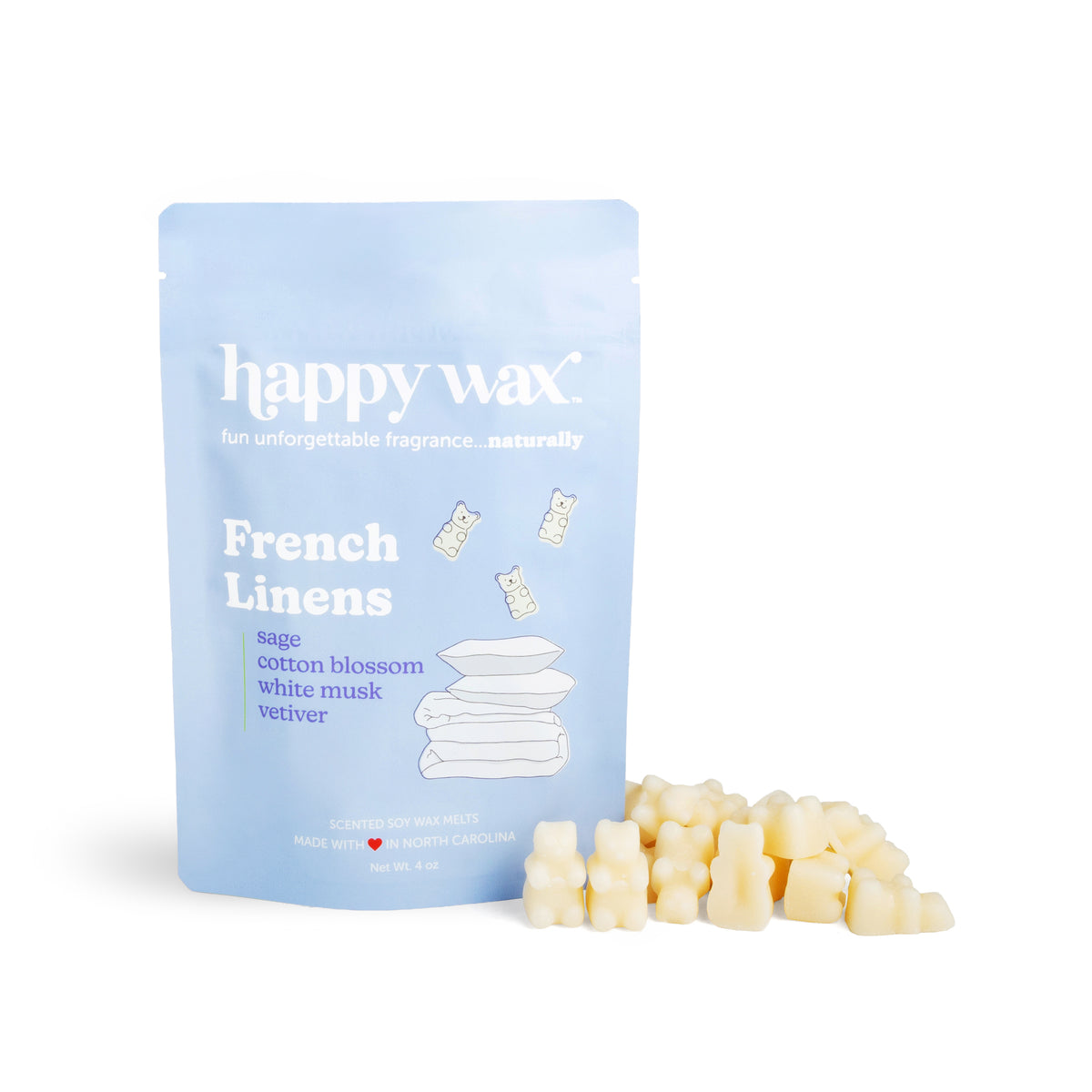 Happy Wax French Linens 4 ounce packaging with wax bears on white background