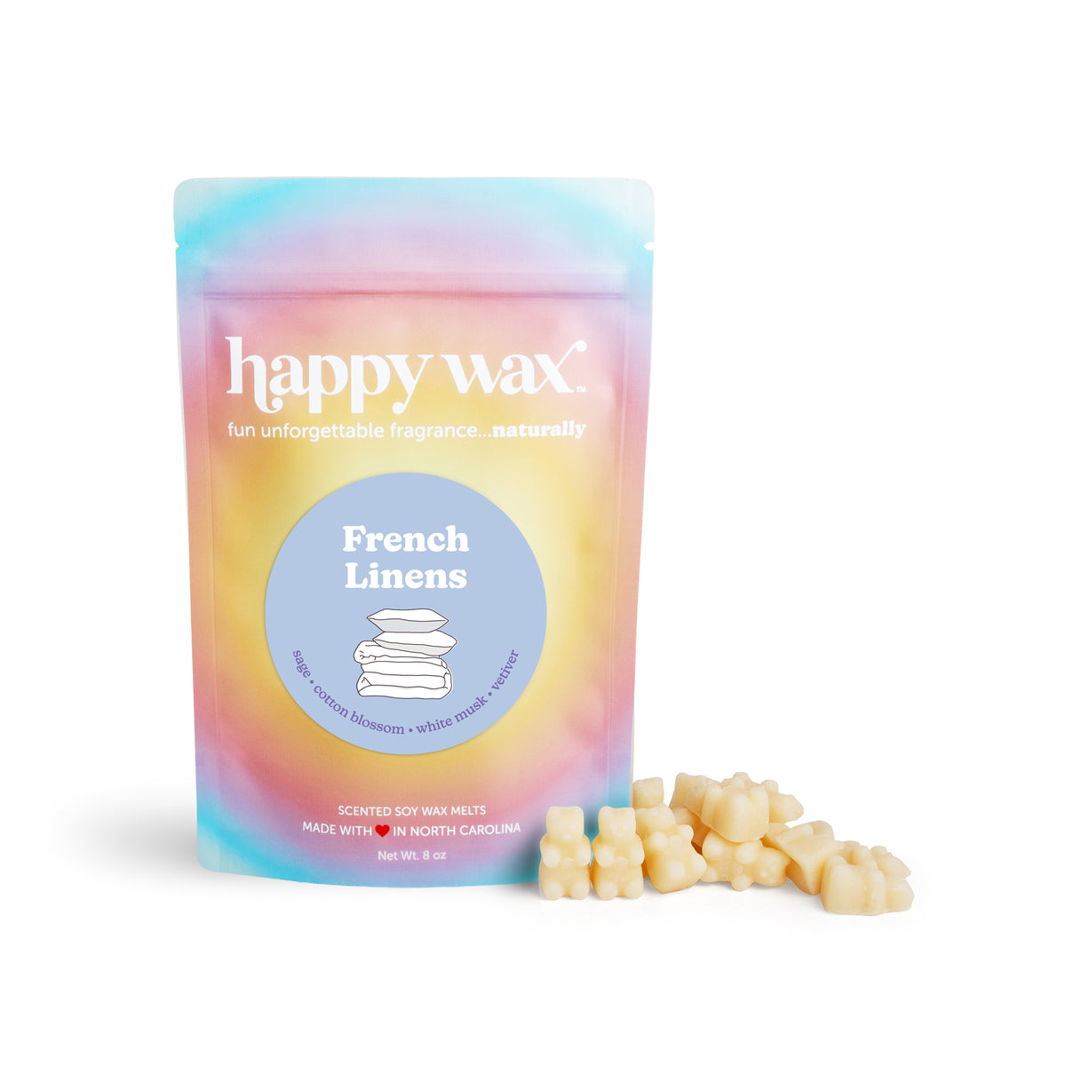 Happy Wax French Linens 8 ounce packaging with wax bears on white background