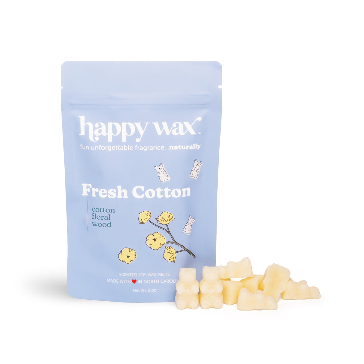 Light blue pouch of Fresh Cotton wax melts with cream-colored wax pieces displayed in front.