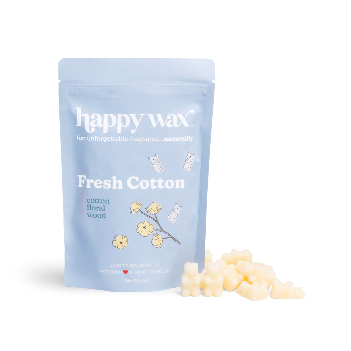 Light blue pouch of Happy Wax Fresh Cotton scented soy wax melts with cream-colored wax pieces displayed in front.
