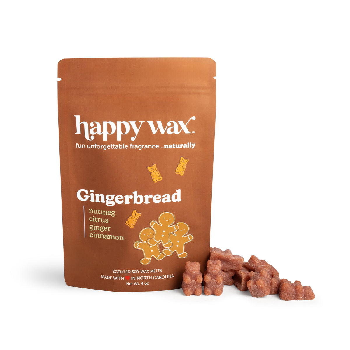 Brown pouch of Happy Wax gingerbread scented soy wax melts with loose wax chunks displayed beside the package.