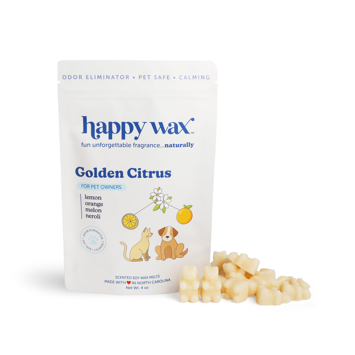 White packet of Happy Wax Golden Citrus pet wax melts with cream-colored wax pieces displayed beside it.