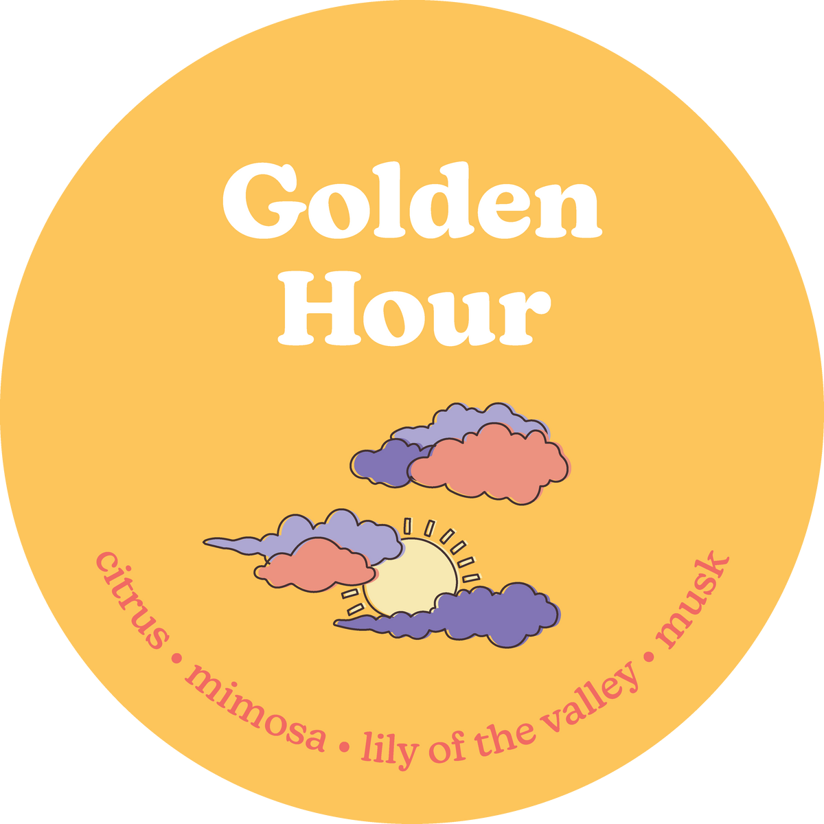 Round golden yellow wax melt label with "Golden Hour" text, sunset illustration with clouds and sun, and scent notes for citr