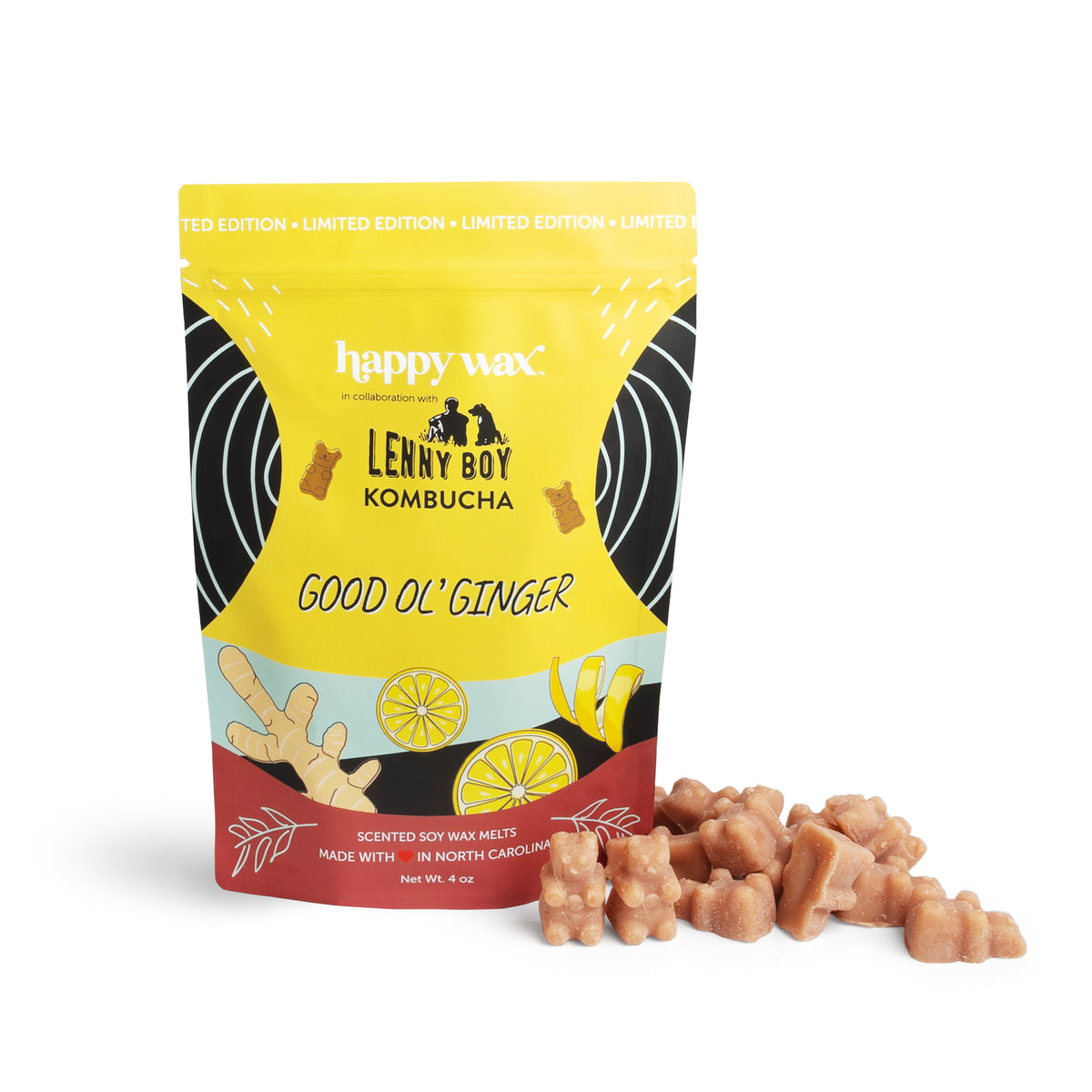 Yellow and red pouch of Happy Wax ginger-scented soy wax melts with tan-colored wax chunks displayed beside it.
