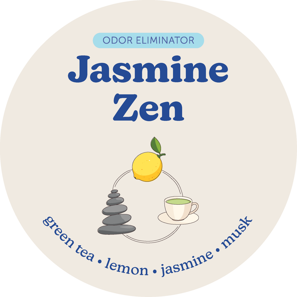 Round beige label with "Jasmine Zen" text, stacked stones, lemon, tea cup, and ingredient list including green tea, lemon, ja