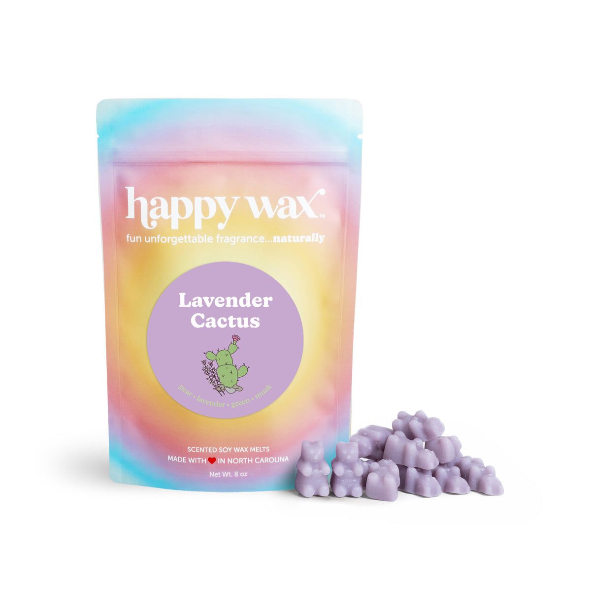 Happy Wax Lavender Cactus 8 ounce packaging with purple wax bears on white background