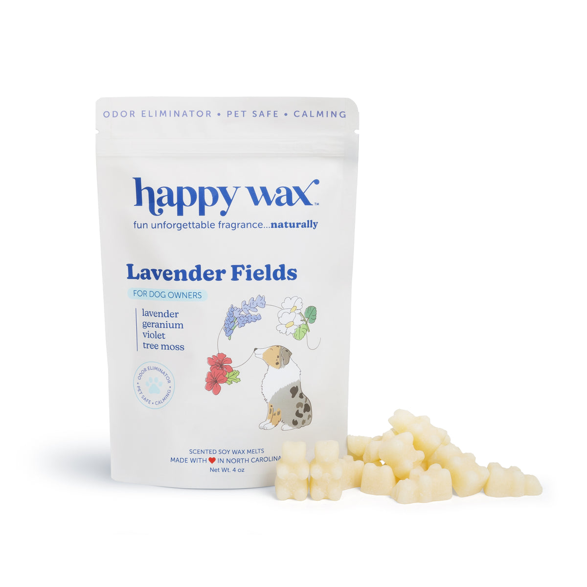White pouch of Happy Wax Lavender Fields pet wax melts with cream-colored wax pieces scattered beside it.