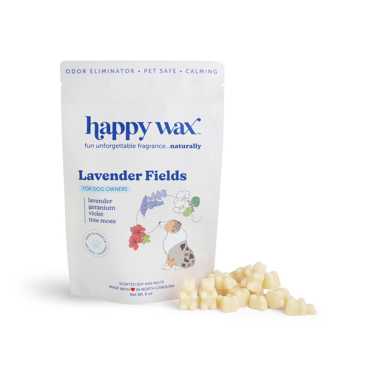 White pouch of Happy Wax Lavender Fields pet wax melts with cream-colored wax cubes scattered in front.
