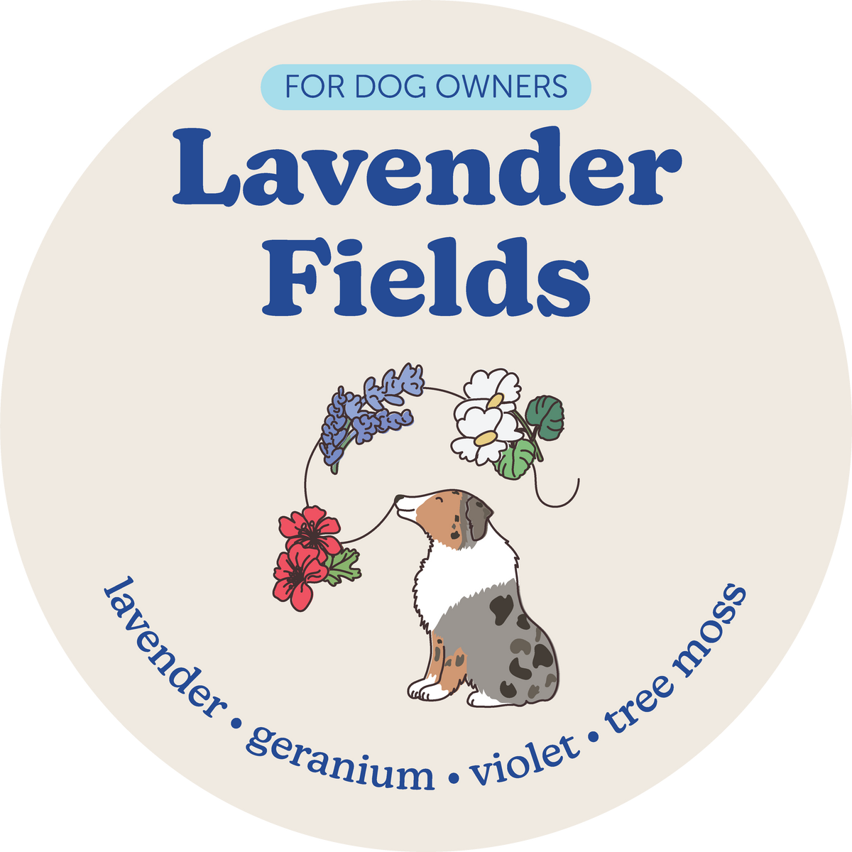 Round cream-colored label with "Lavender Fields" text, dog illustration sniffing flowers, and ingredient list around the edge