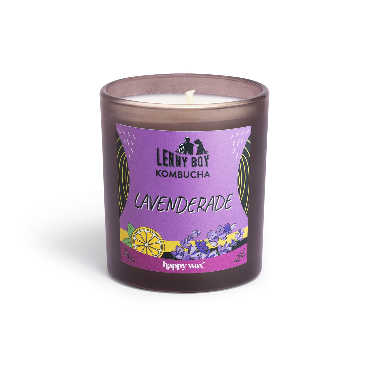 Purple glass candle with "Lavenderade" label featuring lavender and lemon illustrations, single centered wick, and white wax