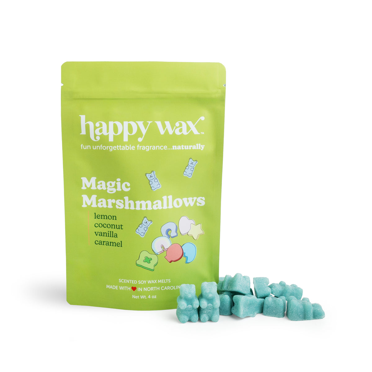 Lime green pouch of Happy Wax Magic Marshmallows with turquoise wax melt pieces displayed in front.