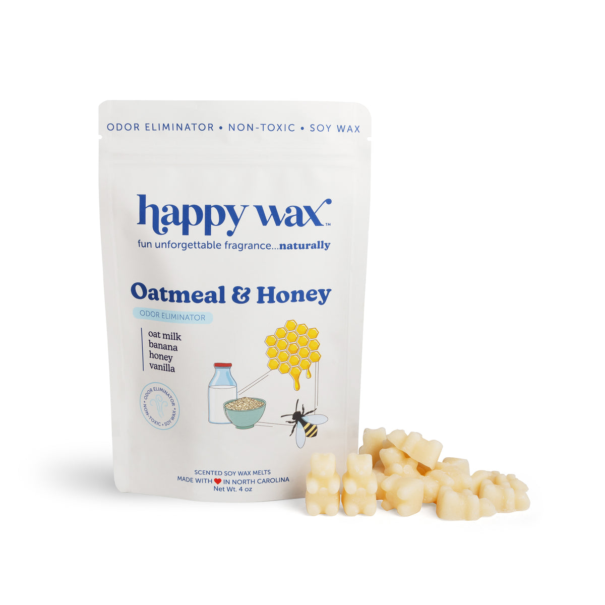 Cream-colored soy wax melts next to white pouch labeled "Happy Wax Oatmeal & Honey" with ingredient illustrations.