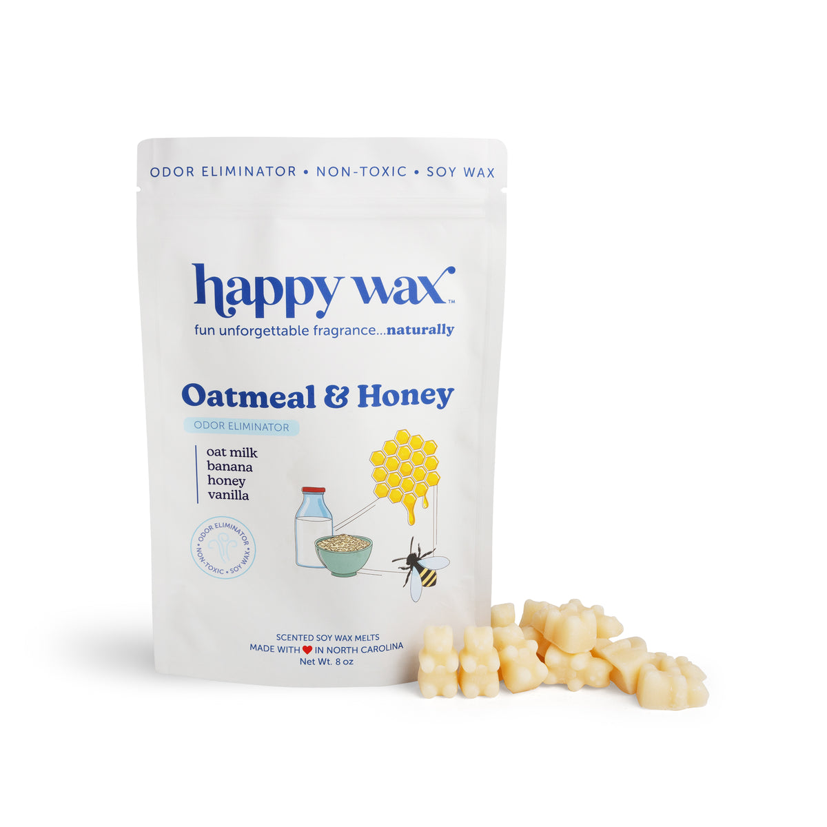 White pouch of Happy Wax oatmeal and honey scented soy wax melts with cream-colored wax cubes displayed in front.