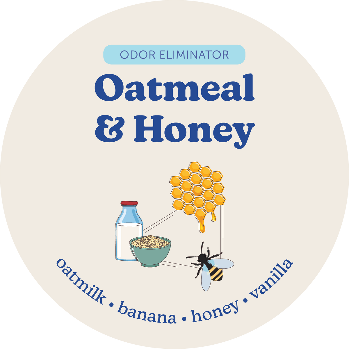 Cream-colored circular label for Oatmeal & Honey wax melts with illustrations of milk, oatmeal bowl, honeycomb, and bee.