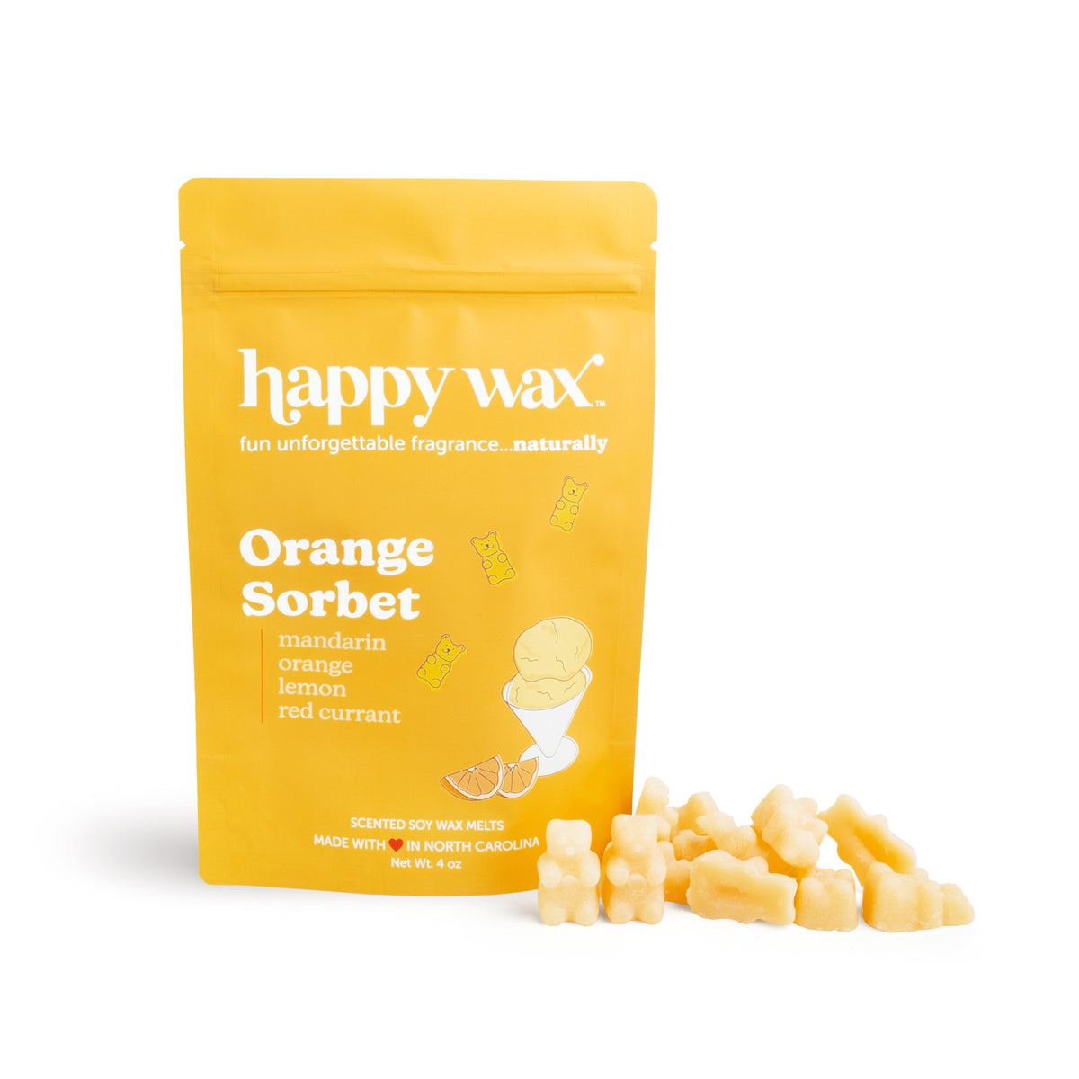 Yellow pouch of Orange Sorbet scented soy wax melts with cream-colored wax pieces displayed beside it.