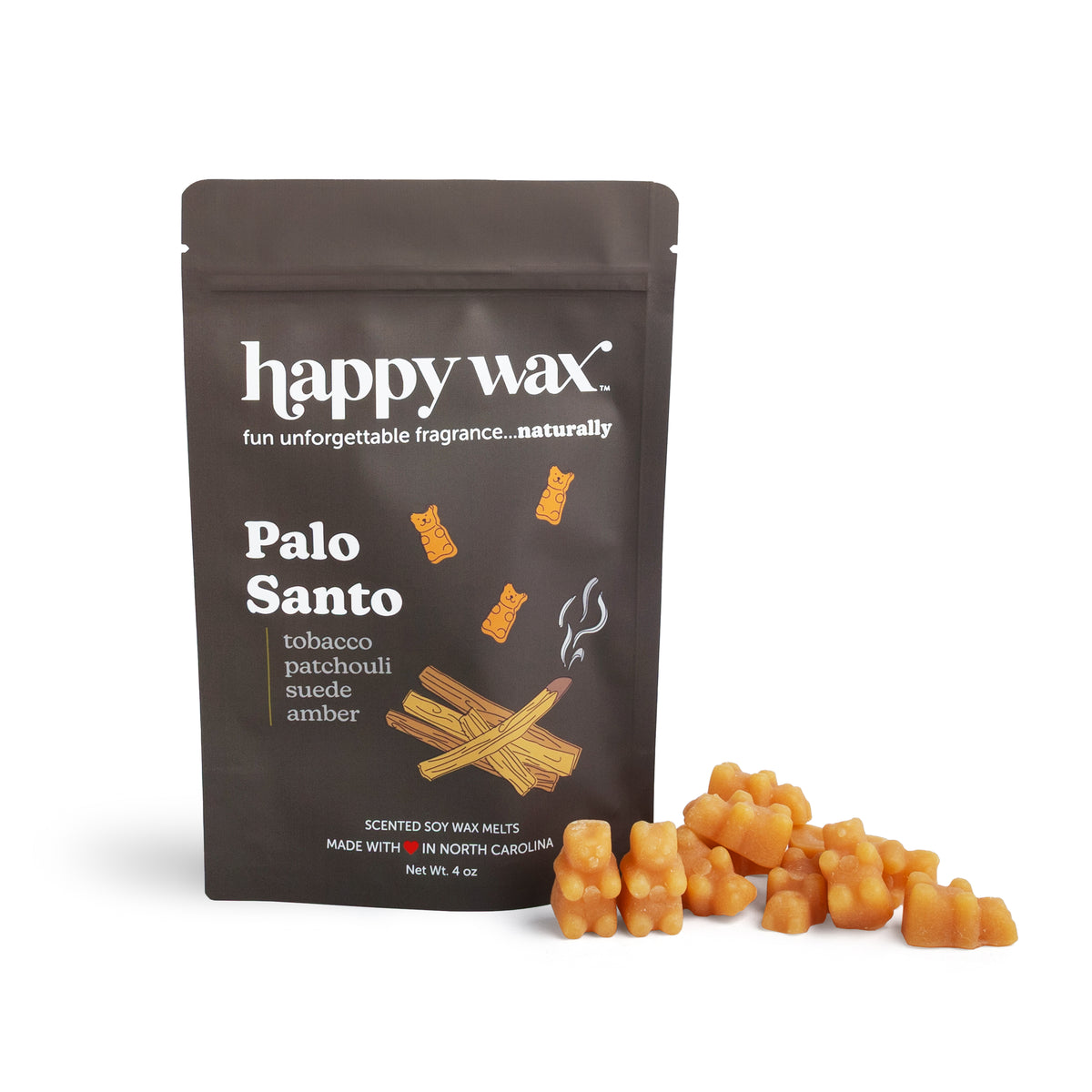 Dark pouch of happy wax Palo Santo scented soy wax melts with orange wax melts displayed in front.