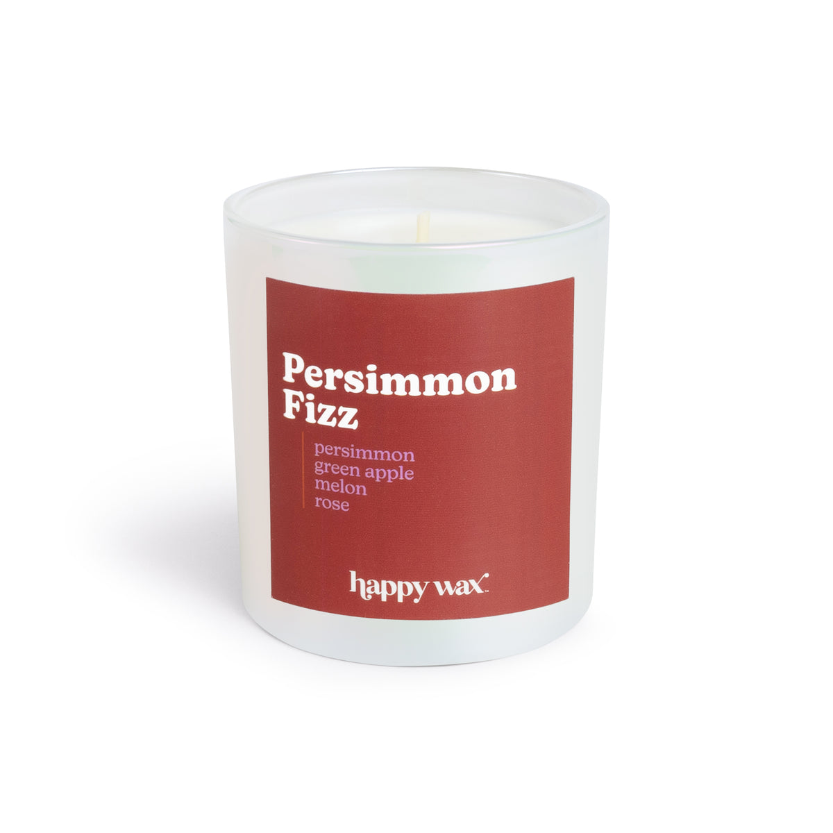 White cylindrical candle with red label reading "Persimmon Fizz" and single centered wick.
