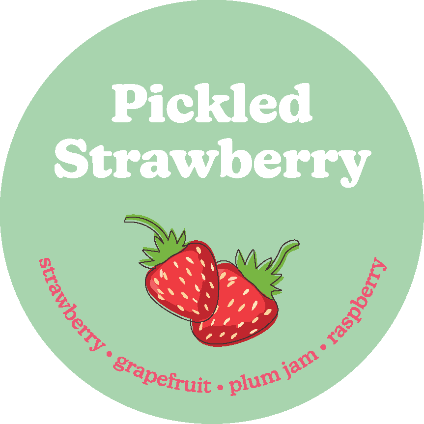 Mint green circular label with "Pickled Strawberry" text and illustrated red strawberries, listing scent notes of strawberry,