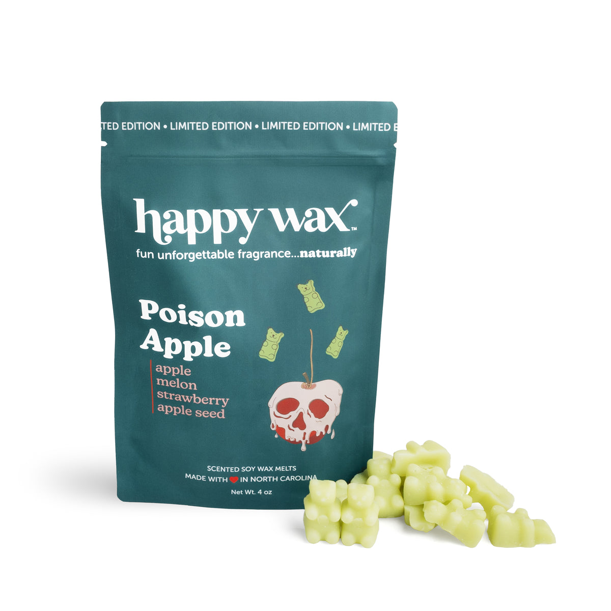 happy wax poison apple pouch with light green wax bears on white background